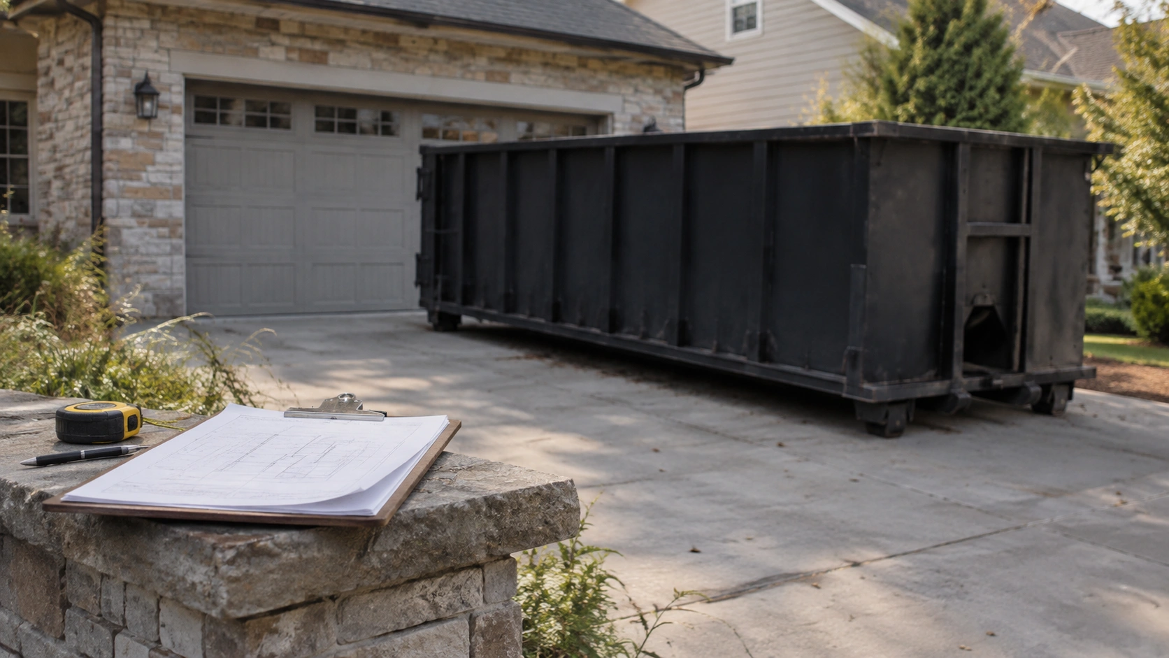 Project-planning materials including a clipboard and tape measure beside a roll-off dumpster