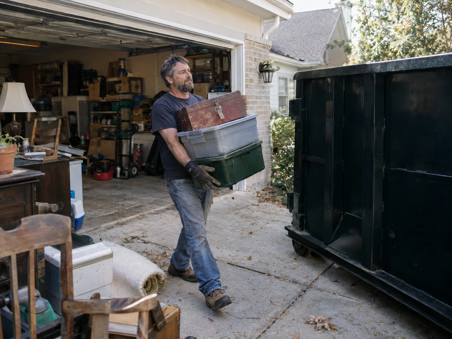 Garage cleanout with a toolbox and storage bins staged near a driveway dumpster