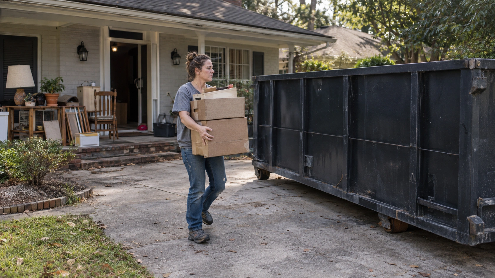 Woman carrying boxes toward a roll-off dumpster during a residential property cleanout