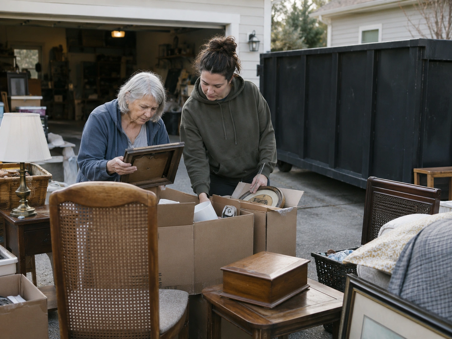 Two family members sorting furniture and household belongings during a property cleanout