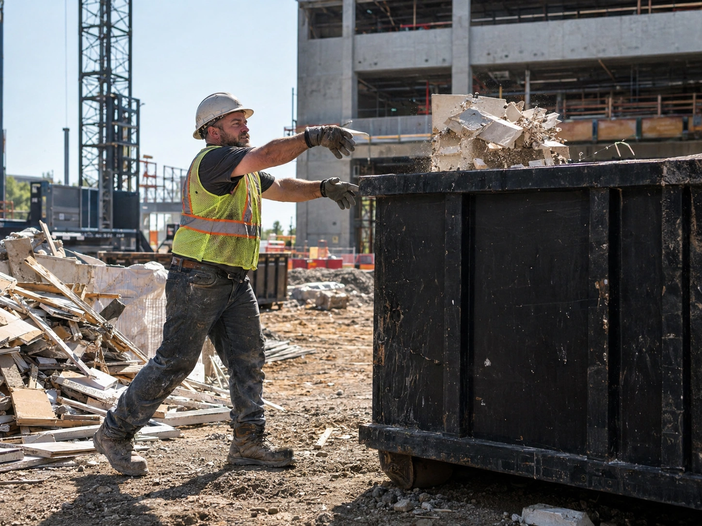 Contractor loading construction debris into a dumpster on a commercial job site