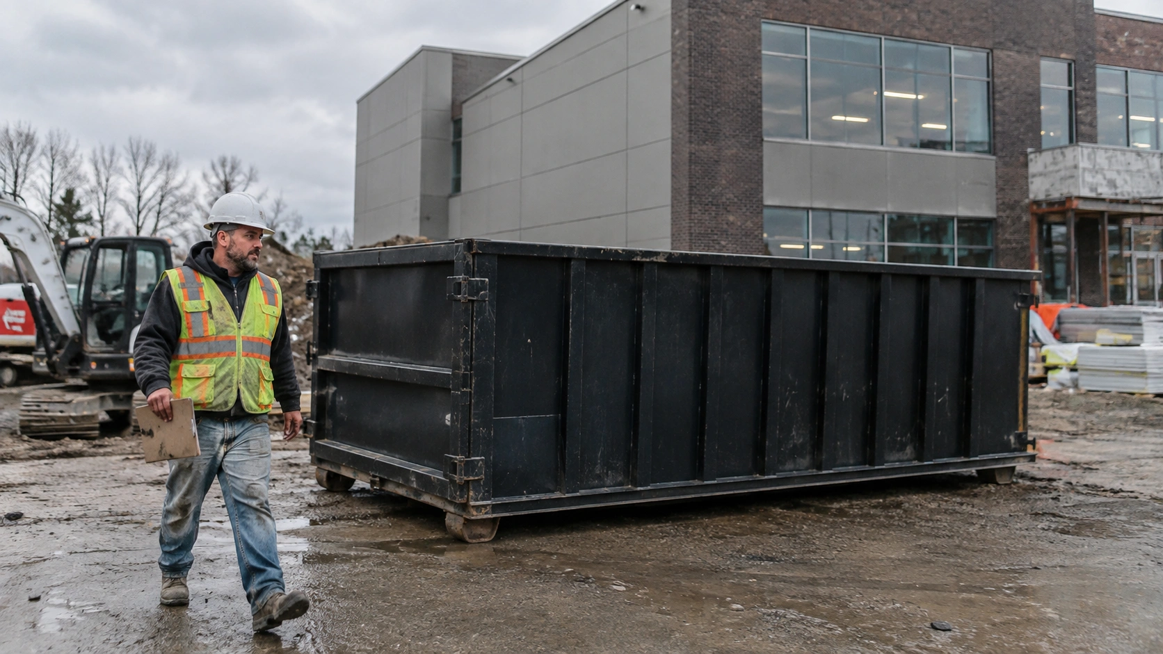 Contractor with a clipboard walking past a roll-off dumpster at a commercial worksite