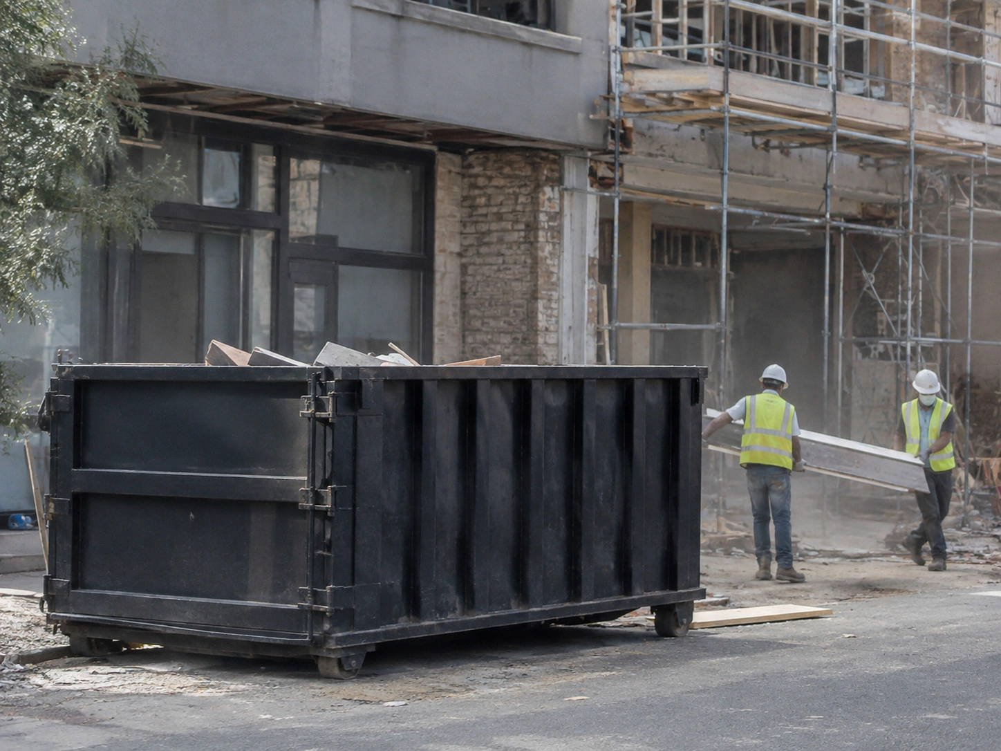 Dumpster positioned near an active commercial renovation with workers carrying materials