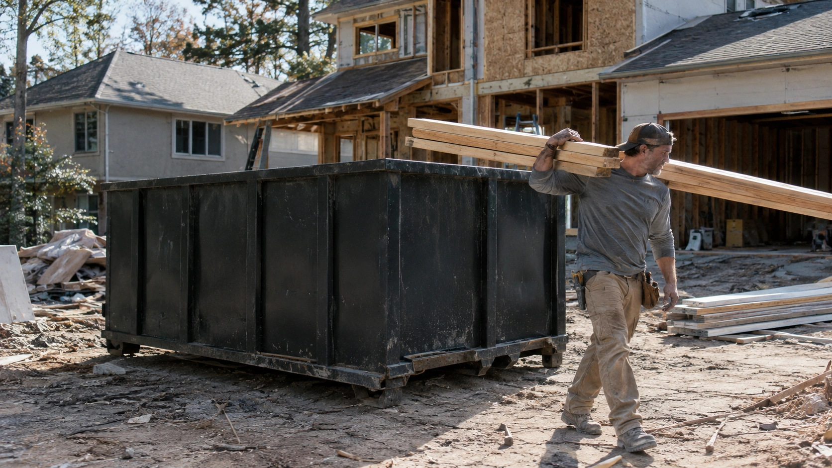 Construction worker carrying lumber past a roll-off dumpster at an active renovation project