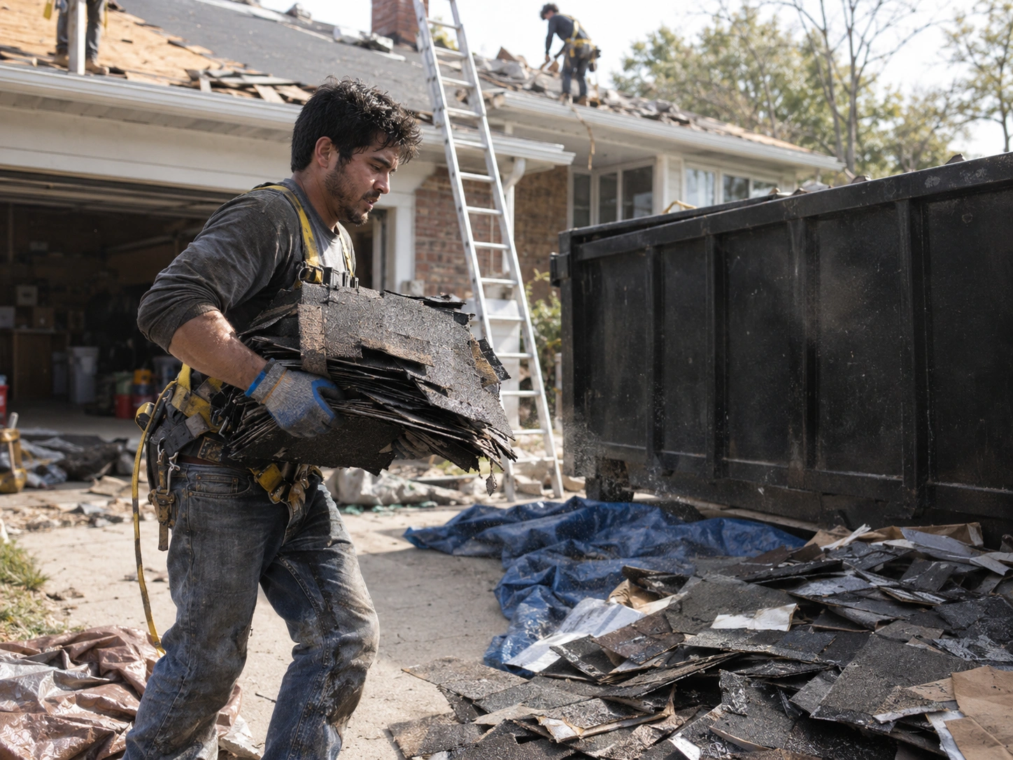 Roofer carrying tear-off shingles toward a dumpster during a roof replacement