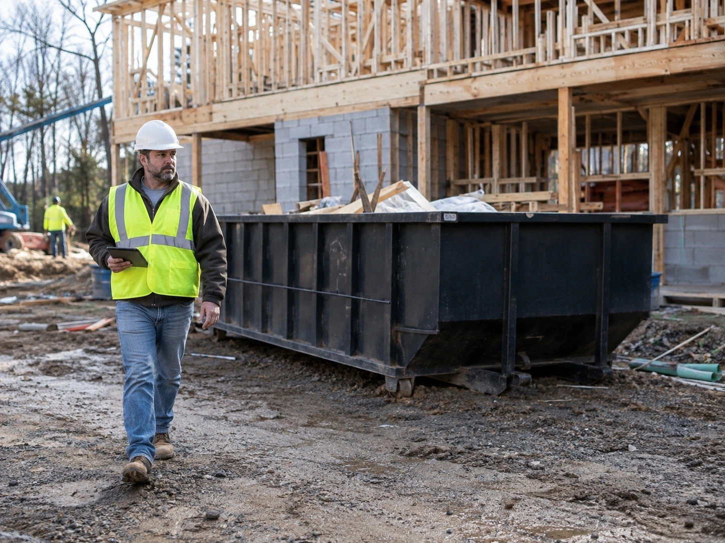 Site supervisor with a tablet walking past a dumpster placed at the edge of an active construction site