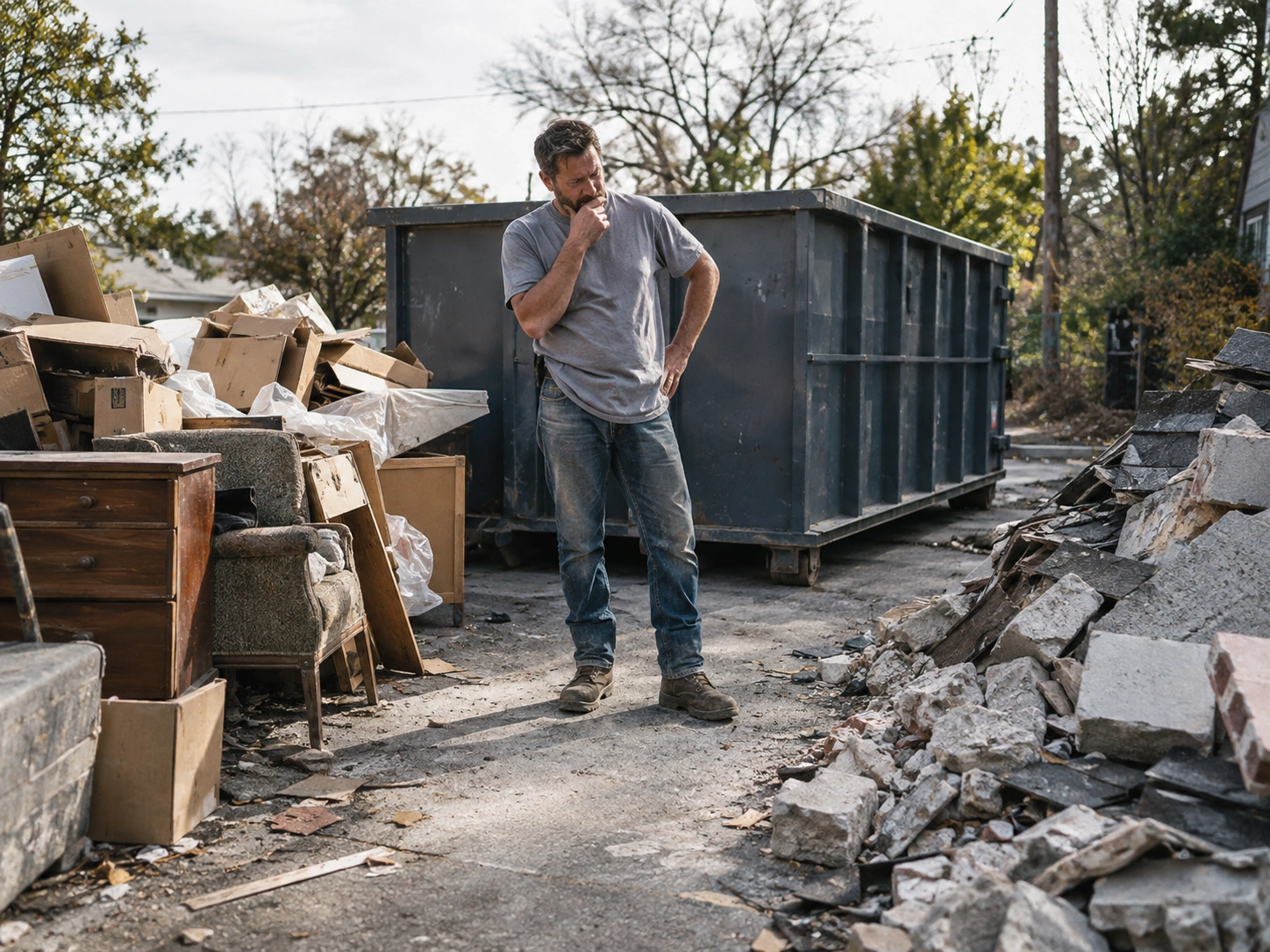Visual contrast between bulky light debris and dense heavy debris piles near a dumpster