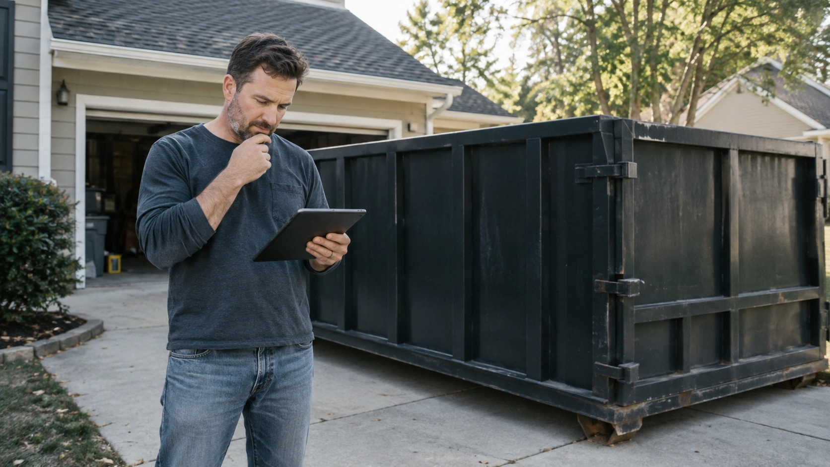 Homeowner reviewing a pricing quote on a tablet beside a roll-off dumpster