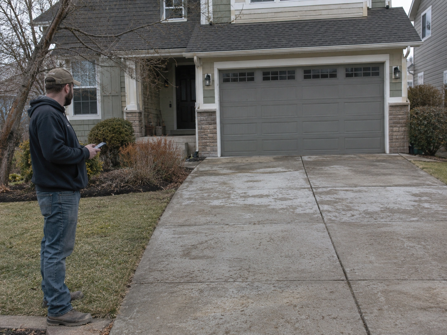 Homeowner checking a driveway cleared of vehicles and obstacles, ready for dumpster delivery
