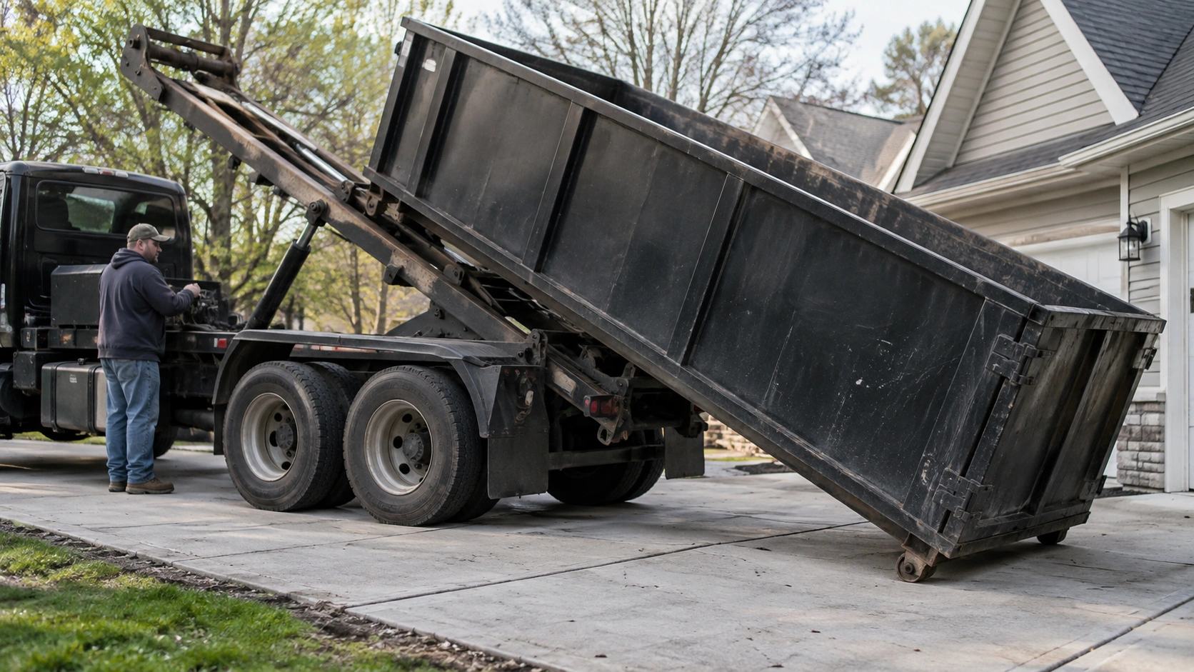 Delivery driver tilting a roll-off dumpster onto a residential driveway