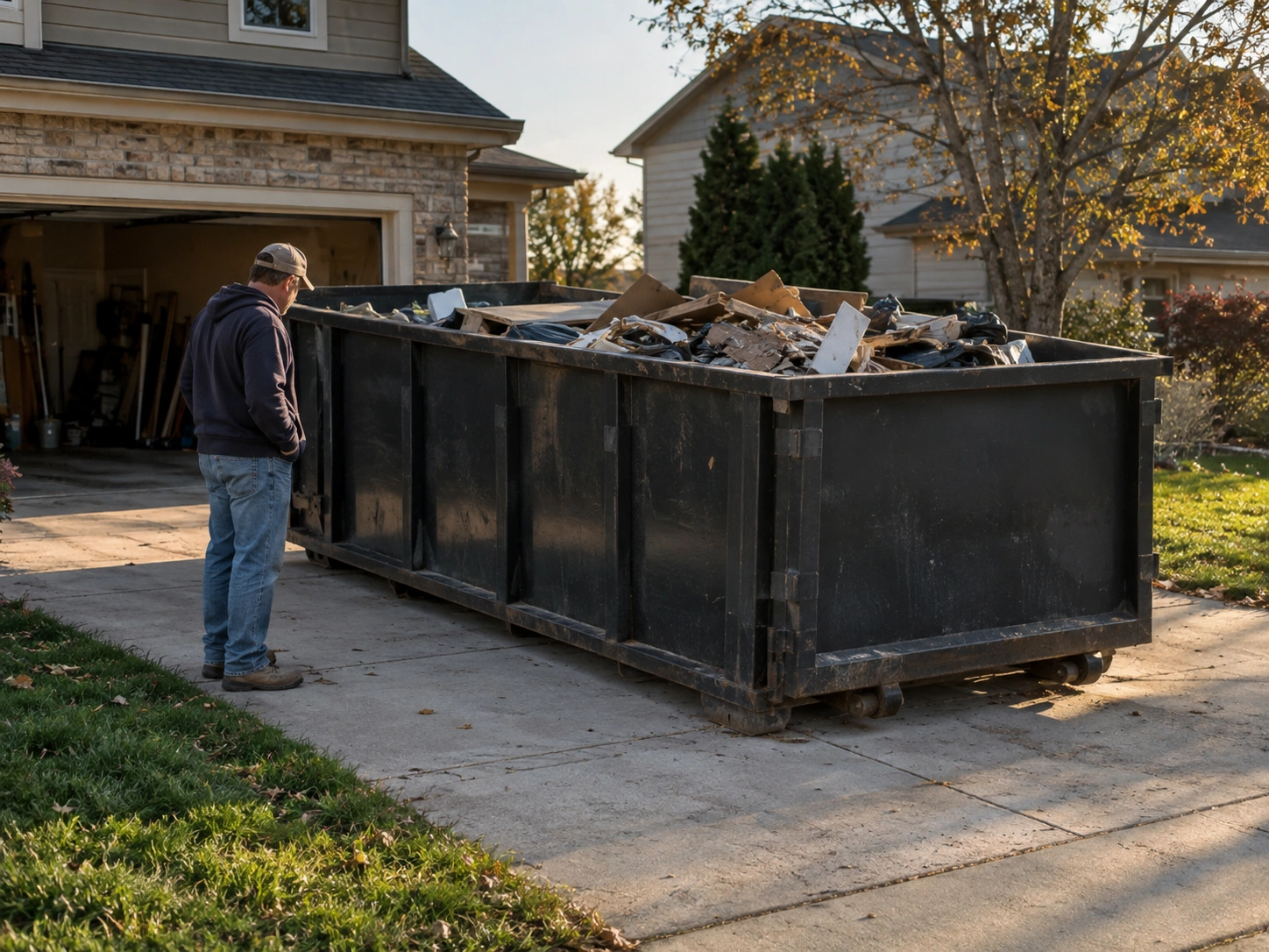Loaded roll-off dumpster ready and accessible for pickup in a residential driveway