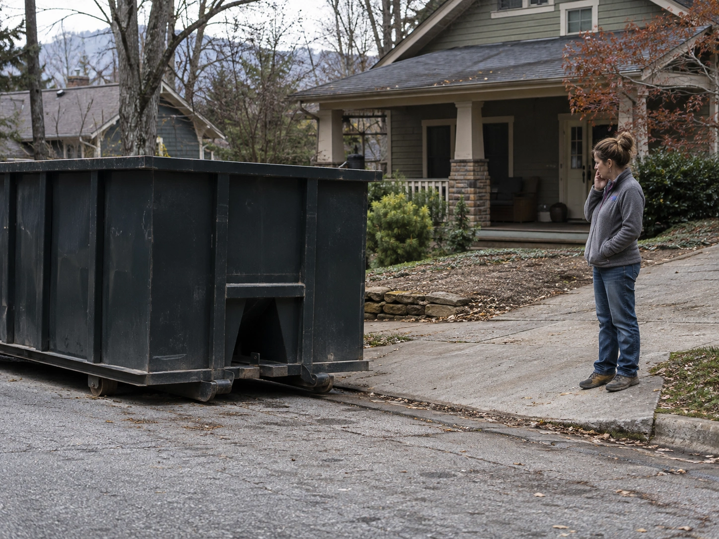 Roll-off dumpster positioned near the boundary between a driveway and the street