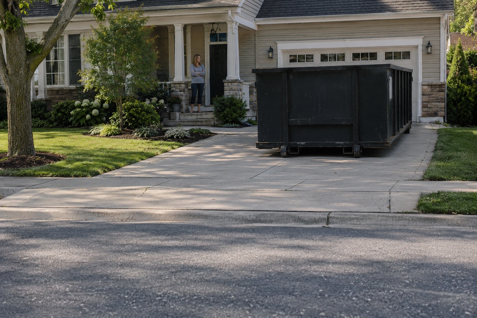 Dumpster placed entirely within a private driveway, well away from the street