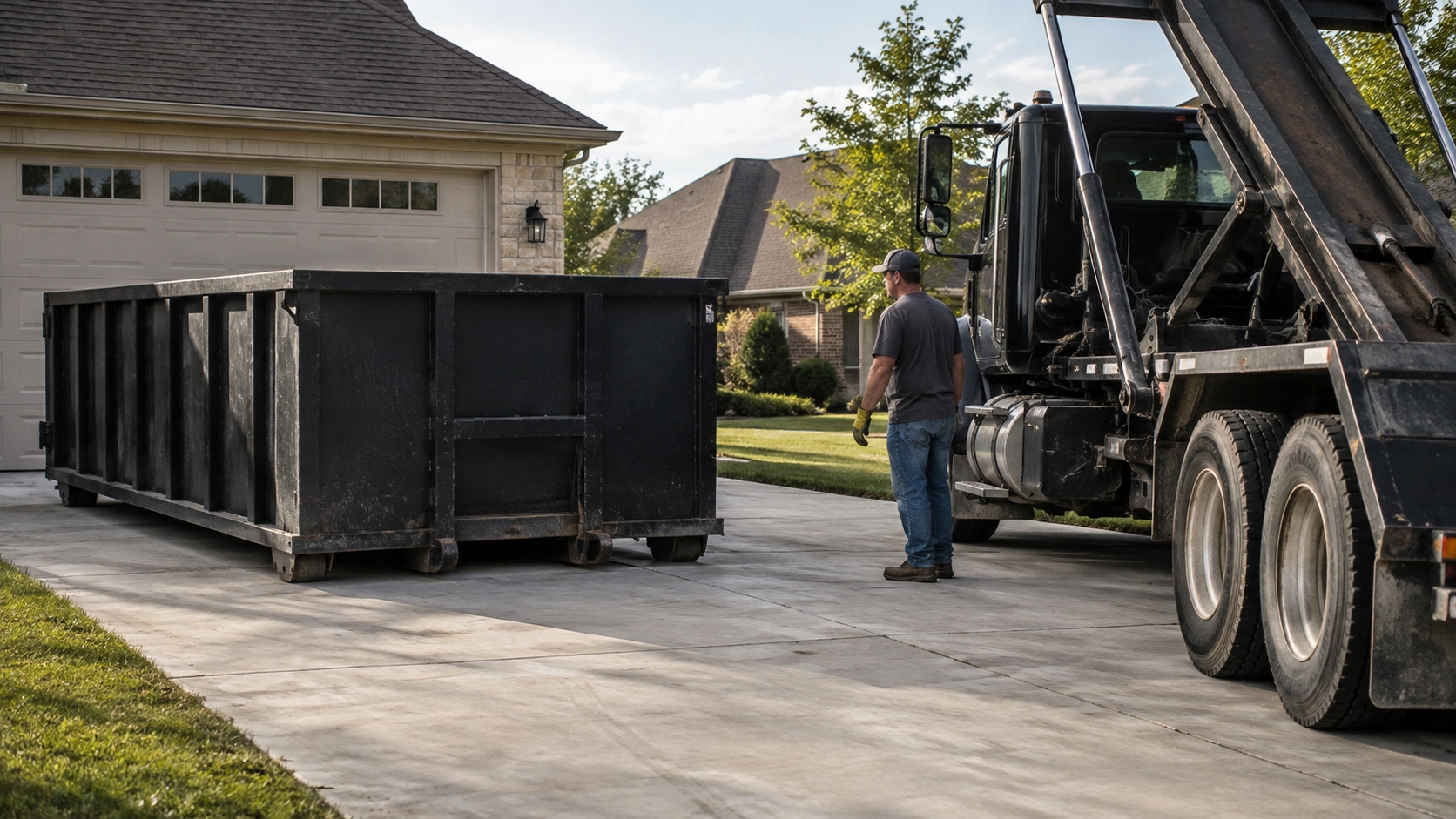 Roll-off dumpster positioned in a residential driveway with clear, unobstructed truck access