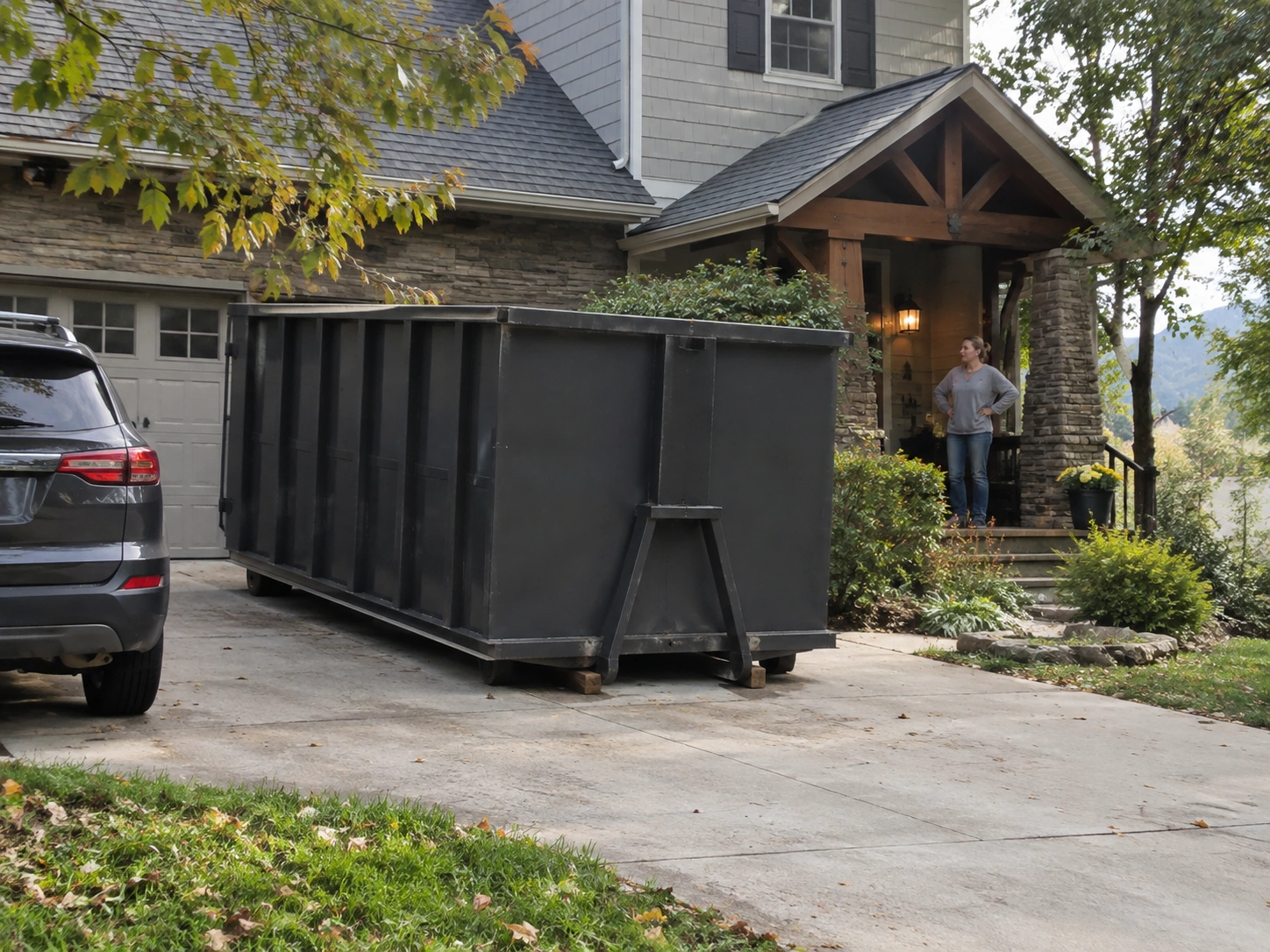 Roll-off dumpster positioned on a residential driveway with a car parked to the side