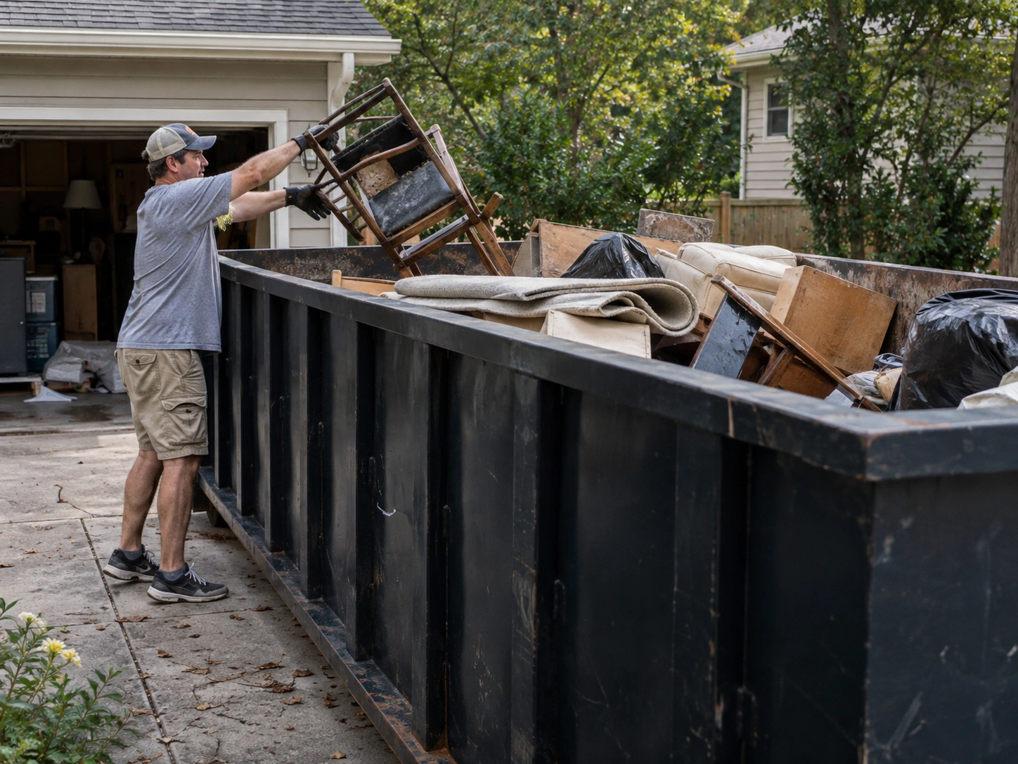 Homeowner loading a chair and household items into a residential dumpster, illustrating a safe fill level