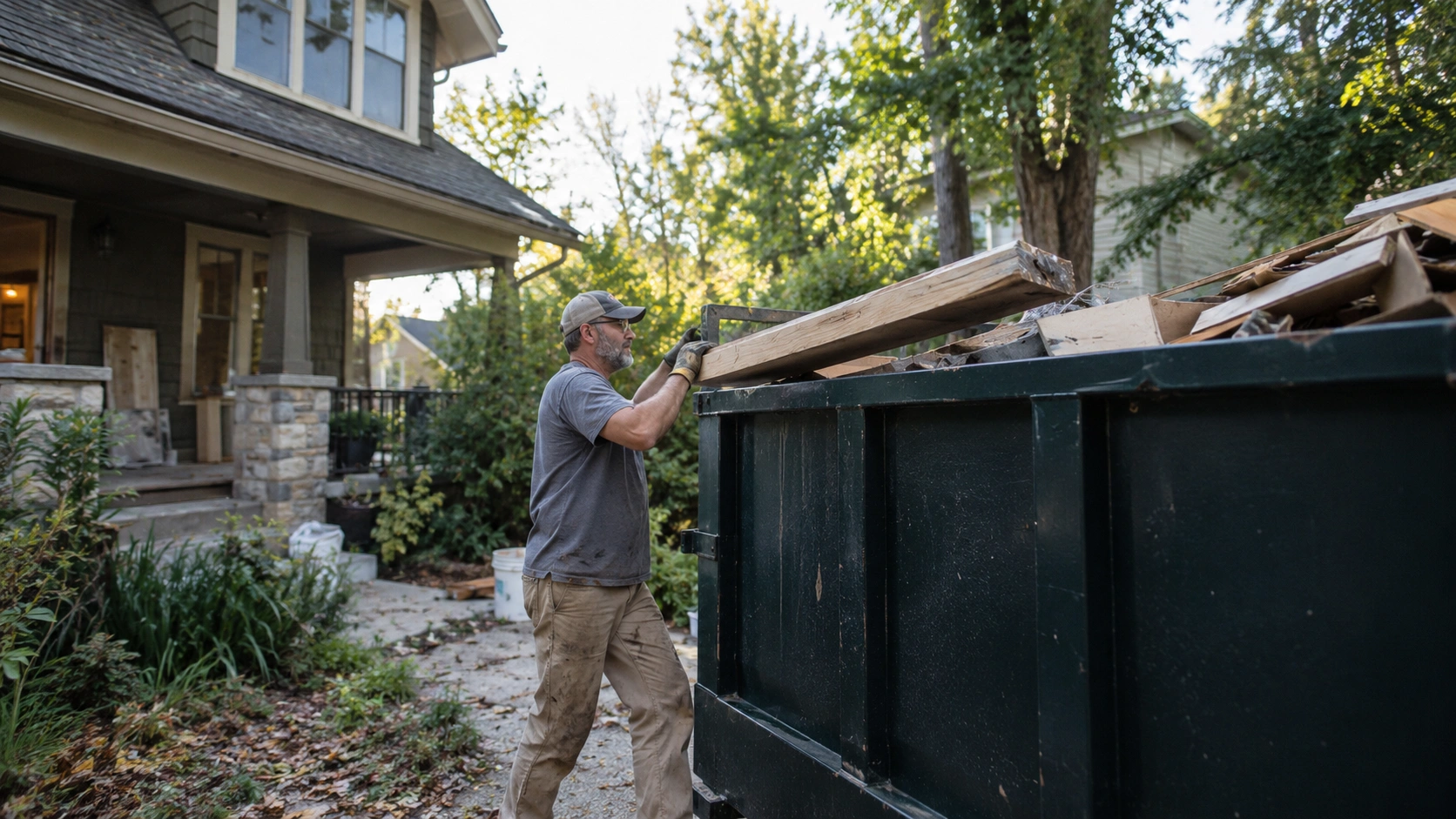 Homeowner carrying lumber debris toward a residential roll-off dumpster during a home renovation