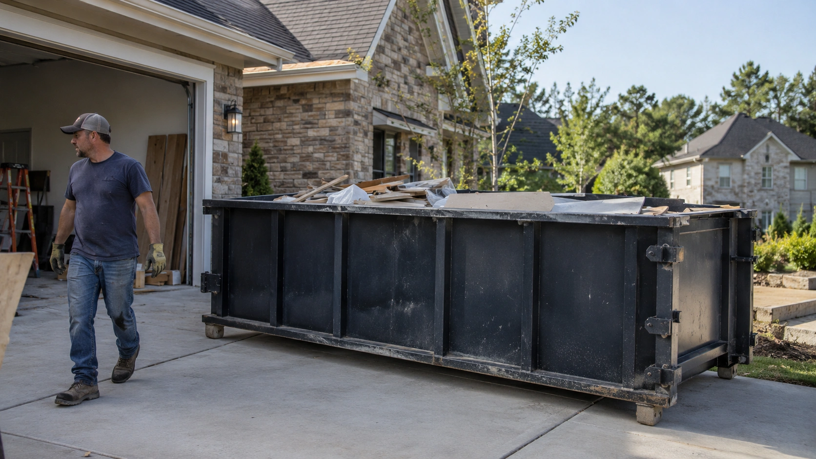 Roll-off dumpster on a clear, organized residential project site