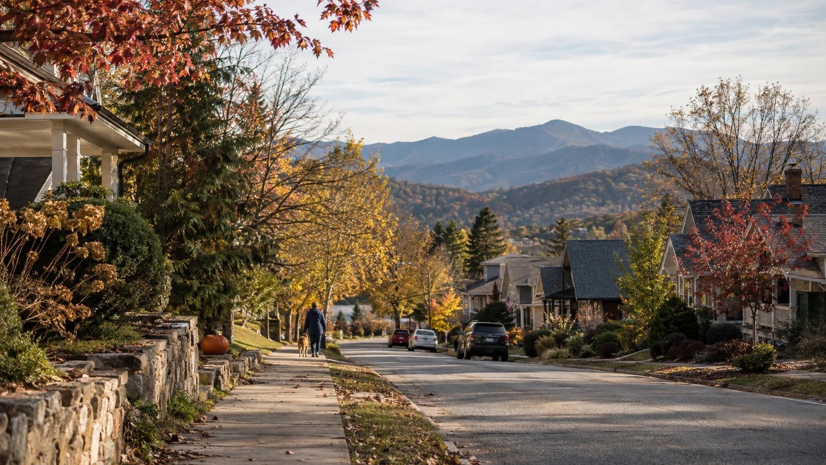 Western North Carolina residential street with Blue Ridge Mountain views
