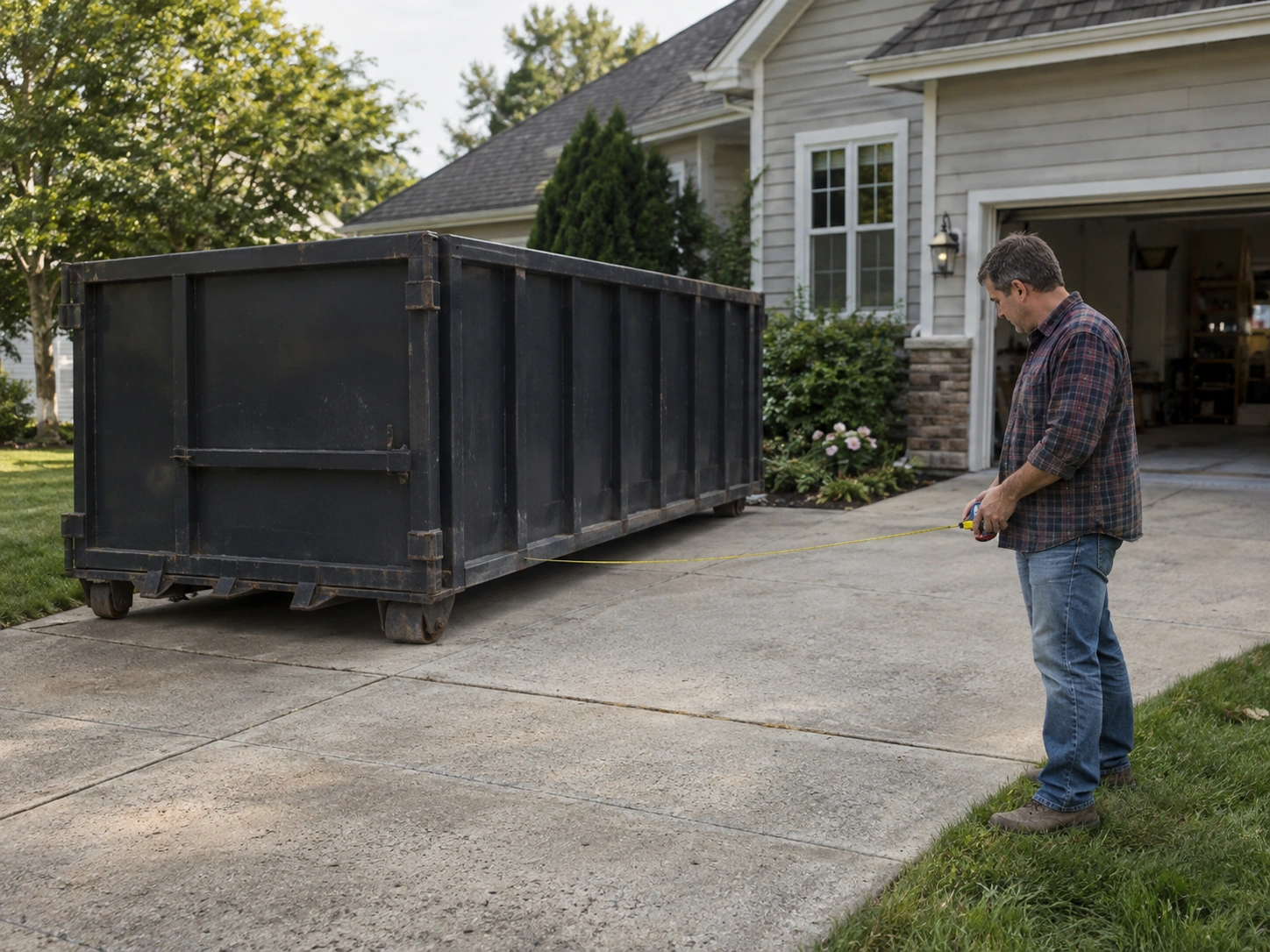 Homeowner measuring the remaining driveway space around a roll-off dumpster