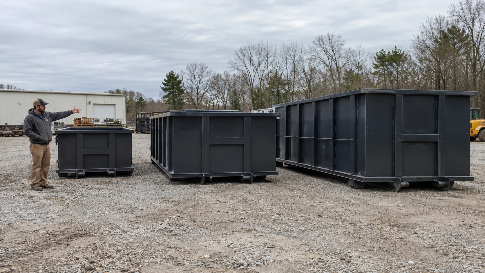 Three roll-off dumpsters of different sizes lined up side by side for comparison