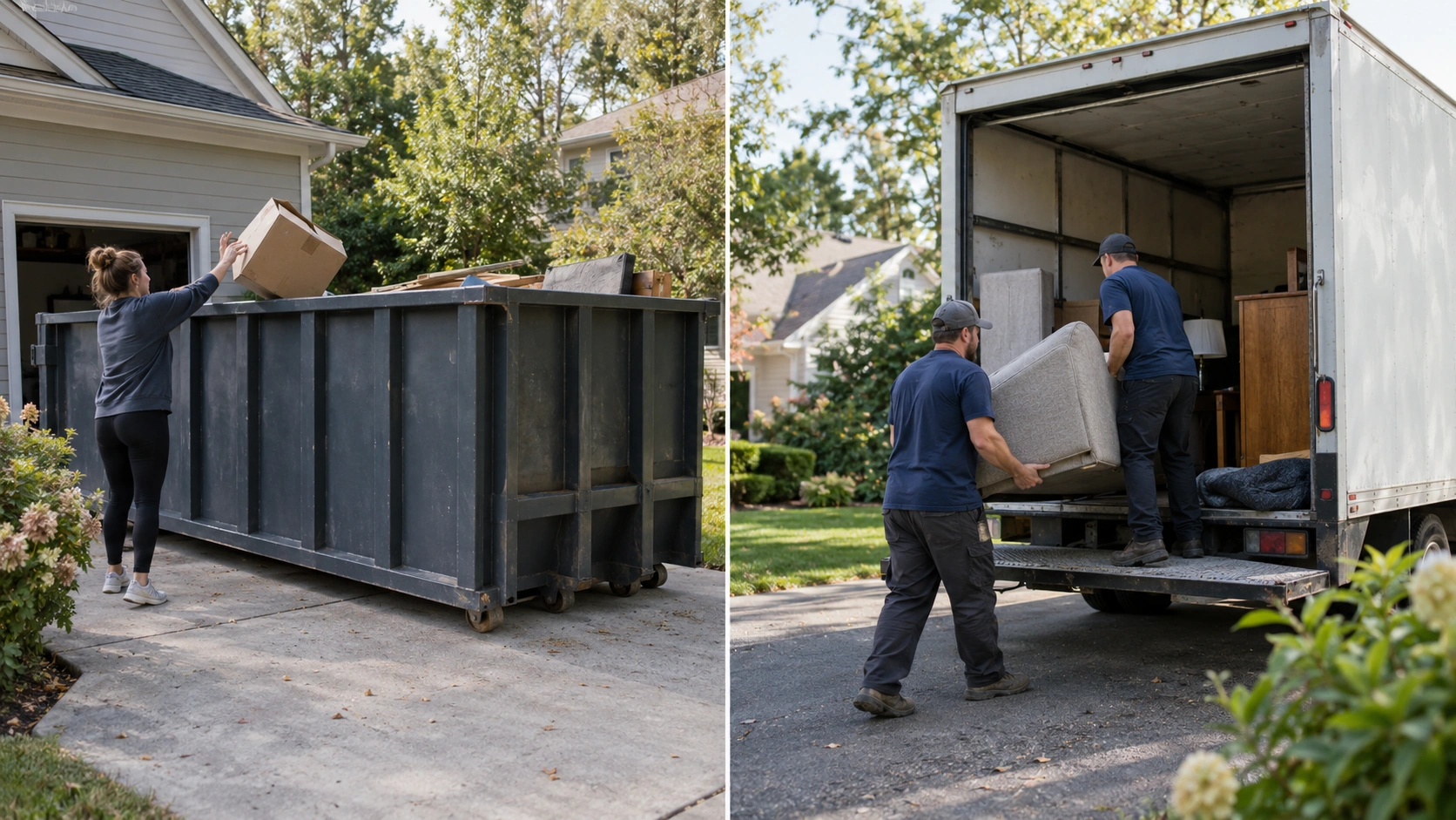 Split comparison of a roll-off dumpster on a driveway and a junk-removal crew loading a truck