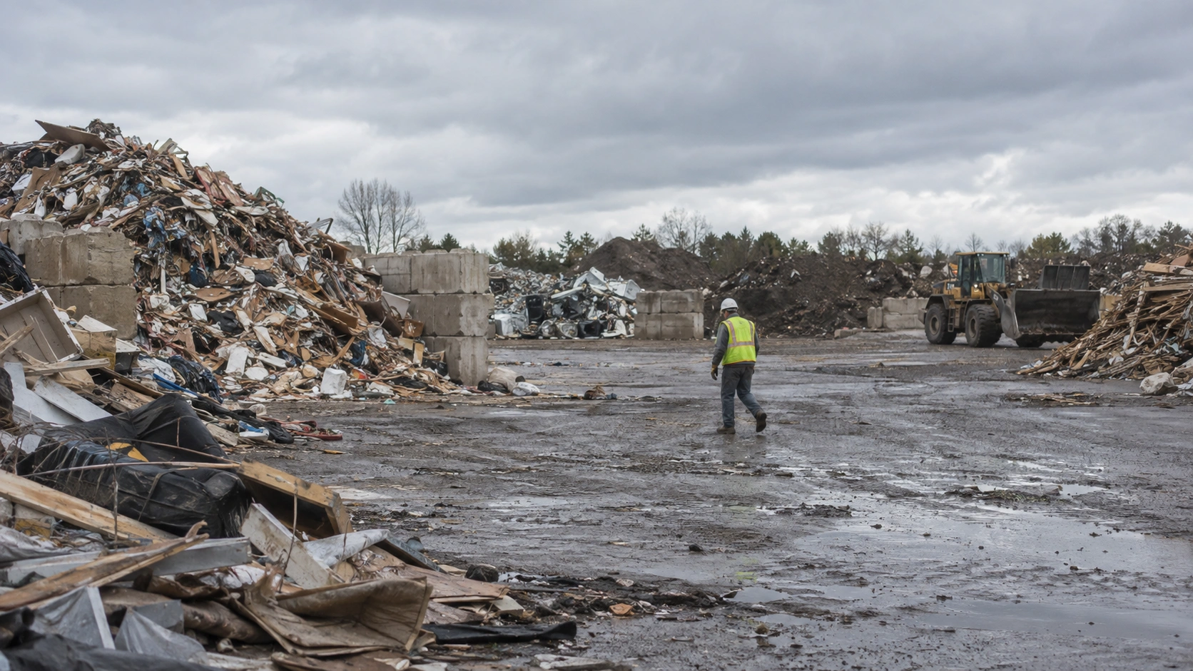 Generic regional waste transfer facility yard with sorted debris piles