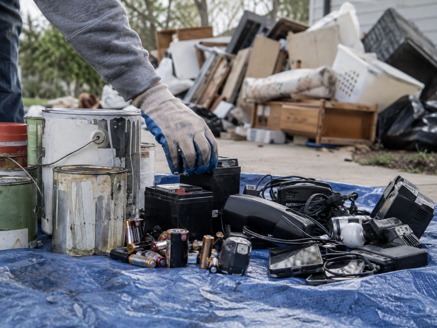 Paint cans, batteries, and small electronics grouped separately from general household debris