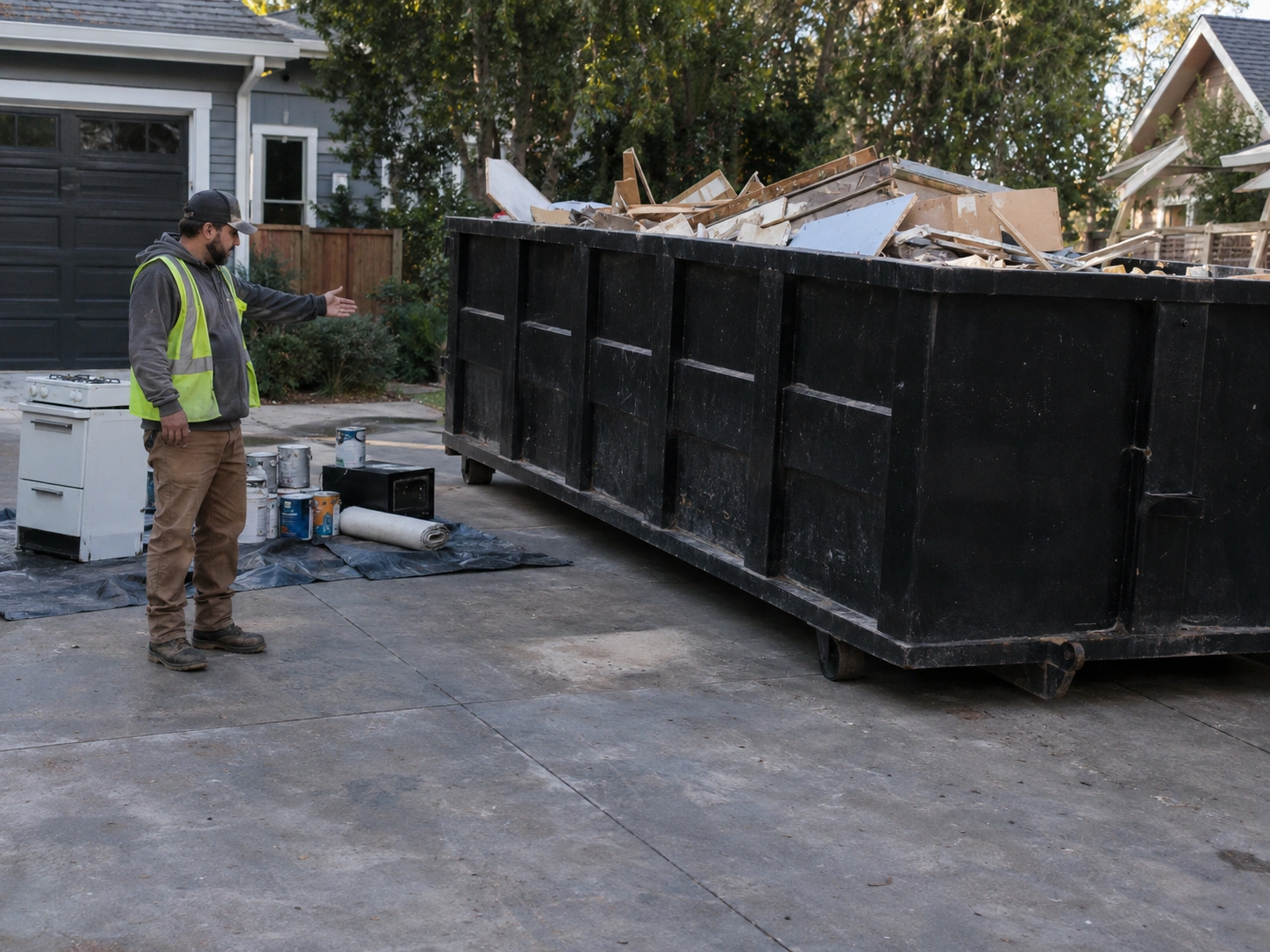 Roll-off dumpster with ordinary household debris, special materials like paint cans kept separate nearby
