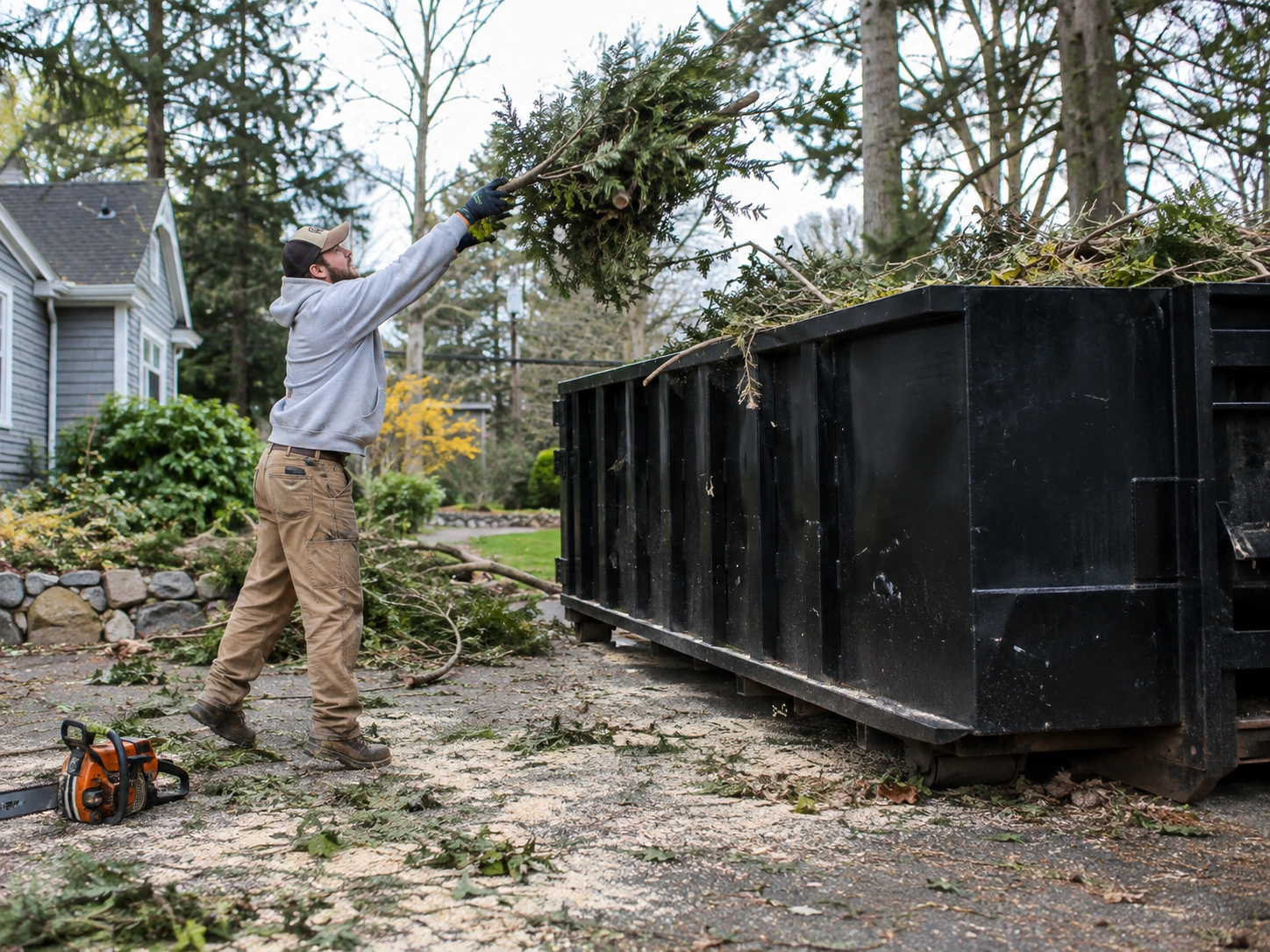 Person tossing tree branches and brush into a dumpster during a yard cleanup