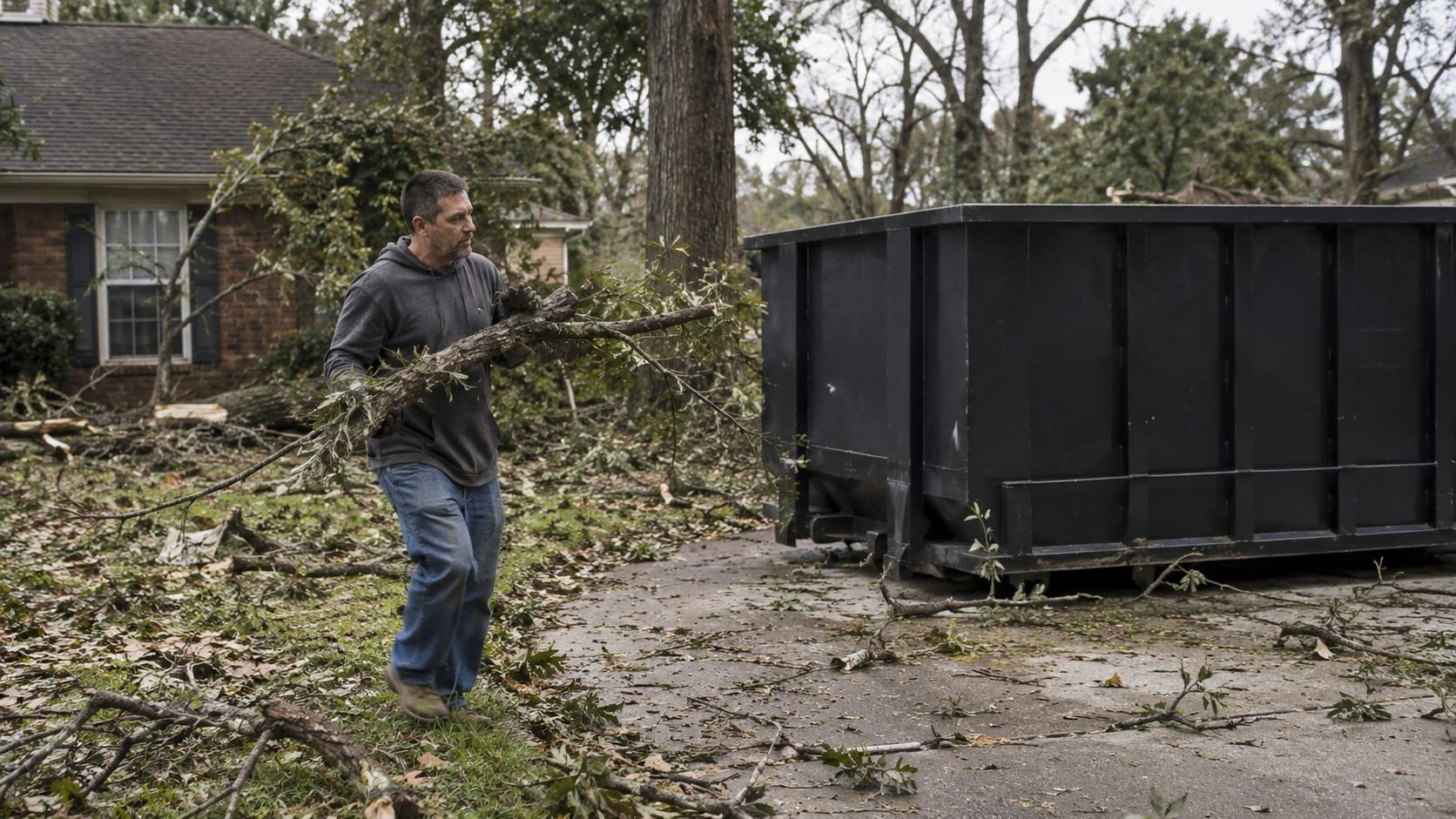 Homeowner carrying a tree branch toward a roll-off dumpster during a yard cleanup