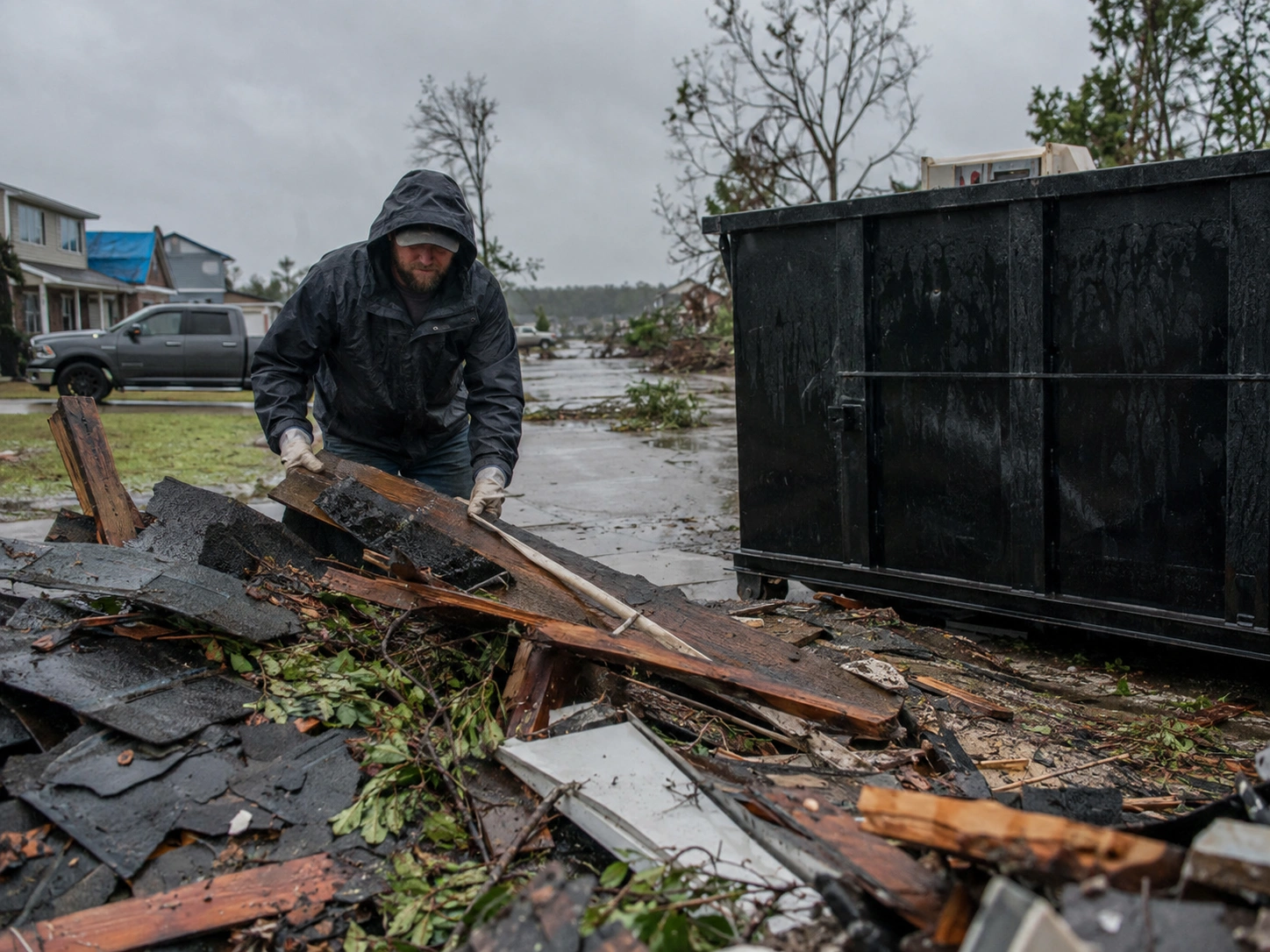 Person in a rain jacket gathering mixed storm debris staged near a dumpster after a storm